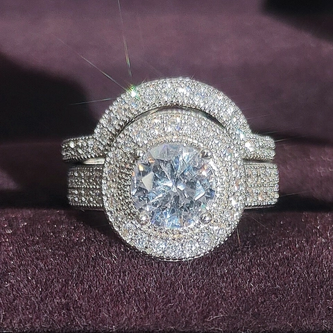 Luxury Copper Round Rhinestone Halo Engagement Ring Set Silver Plated Pave Ring Set For Women Bridal Wedding Banquet Jewelry