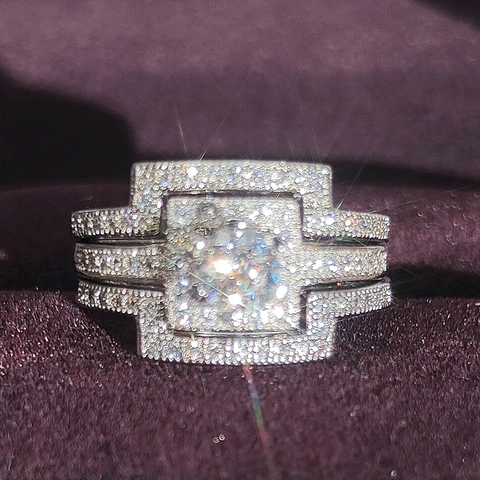 Juego de Anillos de Novia Halo Cuadrado de Lujo Alianzas de Boda Para Mujer Cobre Zirconia Plateado Joyería de Dedo