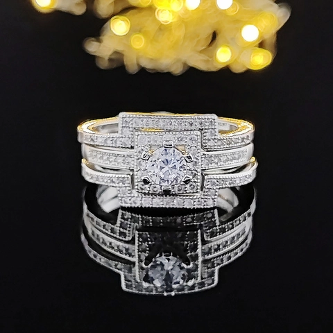Juego de Anillos de Novia Halo Cuadrado de Lujo Alianzas de Boda Para Mujer Cobre Zirconia Plateado Joyería de Dedo