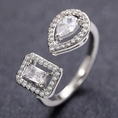 Luxuriöser Geometrischer Zirkonia Kupferring Damen Offen Birnen Und Quadratischer Zirkonia Verstellbarer Fingerring Schmuck Für Hochzeit Party