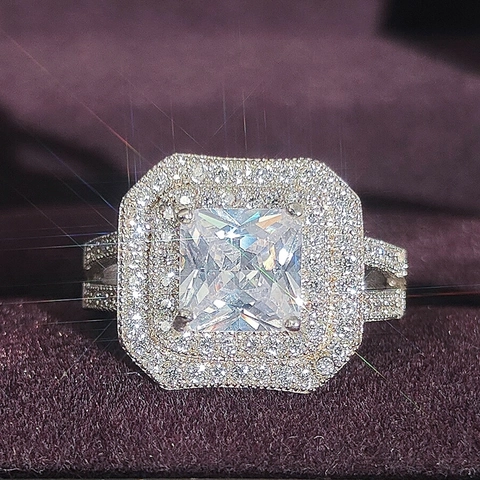 Luxurious Copper Square Emerald Cut Rhinestone Ring For Women Double Halo Engagement Wedding Party Jewelry Finger Accessory