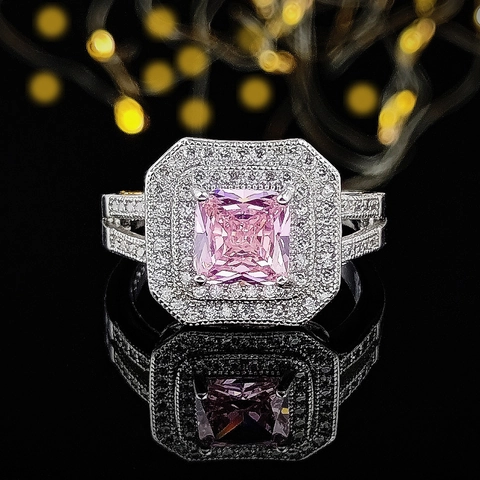 Luxurious Copper Square Emerald Cut Rhinestone Ring For Women Double Halo Engagement Wedding Party Jewelry Finger Accessory