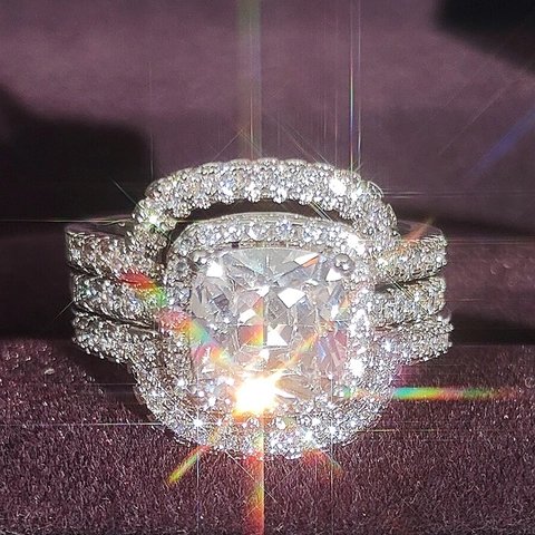 Luxury Copper Cushion Cut Zirconia Wedding Engagement Band For Women Double Halo Pavé Commemorative Jewelry Finger Ring