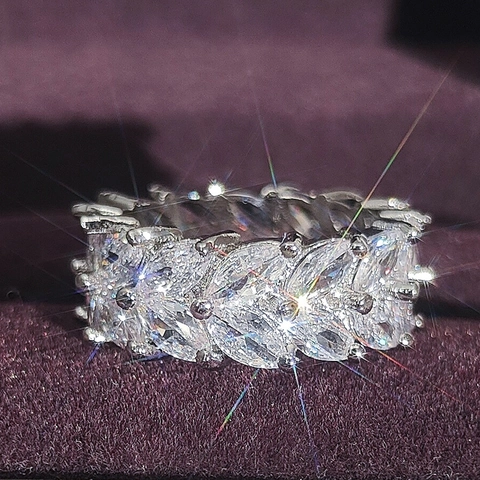 Elegant Marquise Cut Zircon Leaf Ring Copper Silver Plated Full Eternity Band For Women Fashion Luxury Jewelry Finger Ring