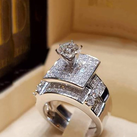 Luxury Copper Rhinestone Engagement Stackable Ring Set For Women Geometric Oval Full Pave Simulated Diamond Wedding Band Jewelry