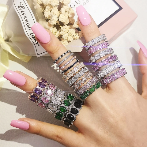 Luxury Copper Cubic Zirconia Eternity Ring For Women Multi Color Emerald Oval Cut Full Drill Wedding Party Fashion Jewelry