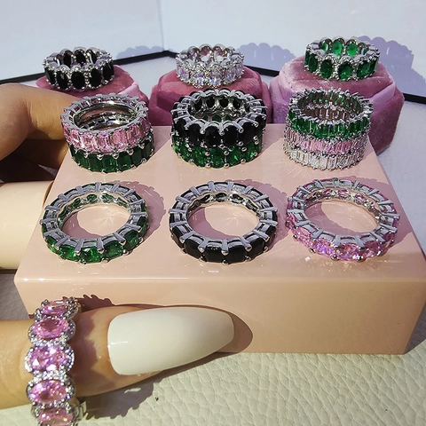 Luxury Copper Cubic Zirconia Eternity Ring For Women Multi Color Emerald Oval Cut Full Drill Wedding Party Fashion Jewelry
