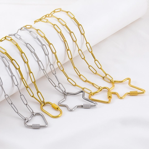 Stainless Steel Asymmetric Star Heart Carabiner Pendant Necklace Fashion Personalized Geometric Paperclip Chain Necklace For Women