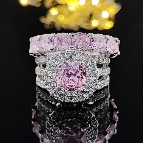 Πολυτελές Σετ Δαχτυλίδι από Χαλκό με Στρας Cushion Cut Halo Αρραβώνα Γάμου για Γυναικεία Κοσμήματα Μόδας Δύο Τεμαχίων