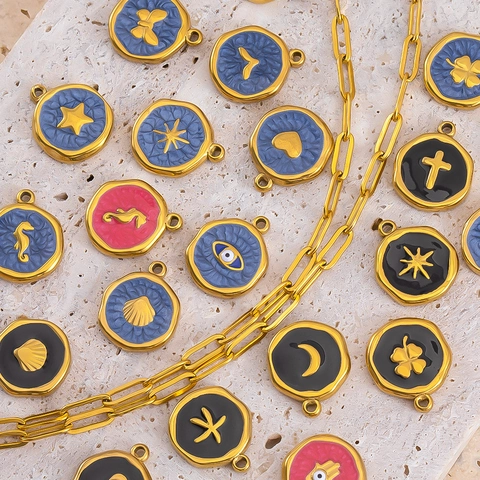 Stainless Steel 18K Gold Plated Heart Evil Eye Star Enamel Pendants For DIY Necklace Bracelet Jewelry Making Accessories