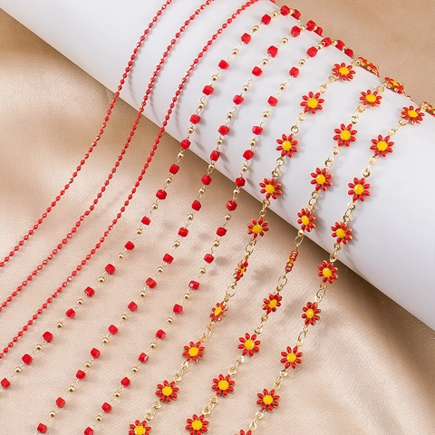 Red Enamel Copper Chain Daisy Sunflower DIY Jewelry Making Accessory For Bracelet Necklace Square Bead Ball Chain Parts