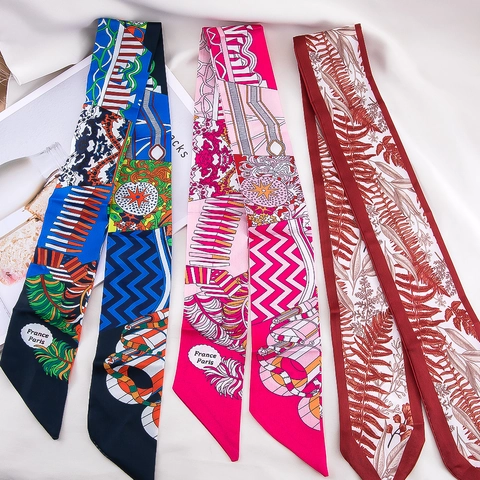 Elegant Satin Ribbon Scarf For Women Floral Geometric Print Hair Tie Bag Handle Wrap Fashion Neck Scarf Gift Accessory