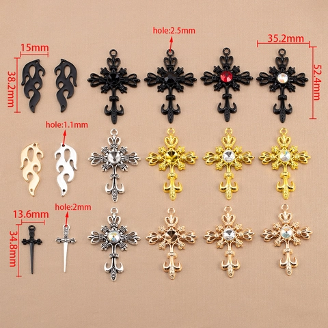 Gothic Alloy Cross Pendants Rhinestone Dagger Flame Charms For DIY Necklace Bracelet Jewelry Making Accessories Findings
