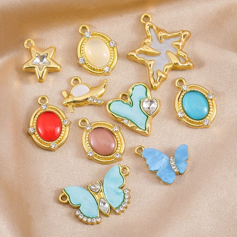 DIY Alloy Rhinestone Pendants Gold Plated Butterfly Heart Star Plane Charms For Necklace Bracelet Jewelry Making Supplies