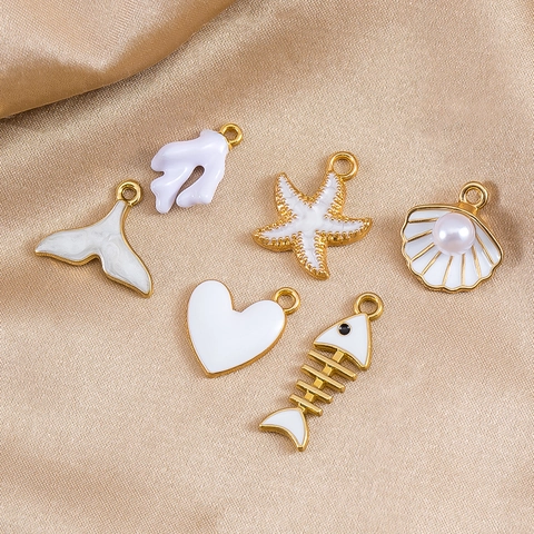 Alloy White Enamel Ocean Theme Pendants Sea Star Shell Fishbone Heart Whale Tail Shapes For DIY Jewelry Making Accessories For Women