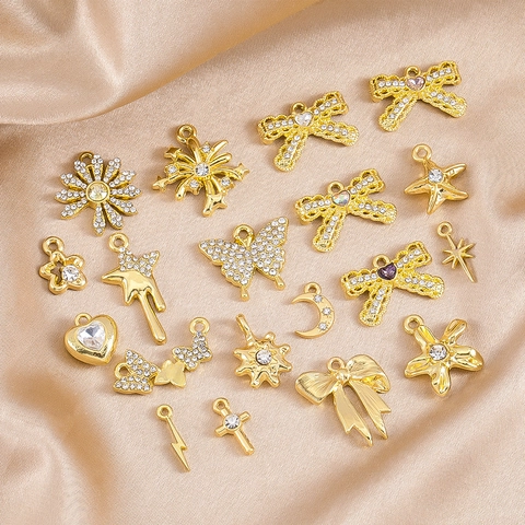 Alloy Rhinestone Butterfly Bowknot Heart Star Moon Cross Pendants Collection DIY Jewelry Making Accessories Charms Gold
