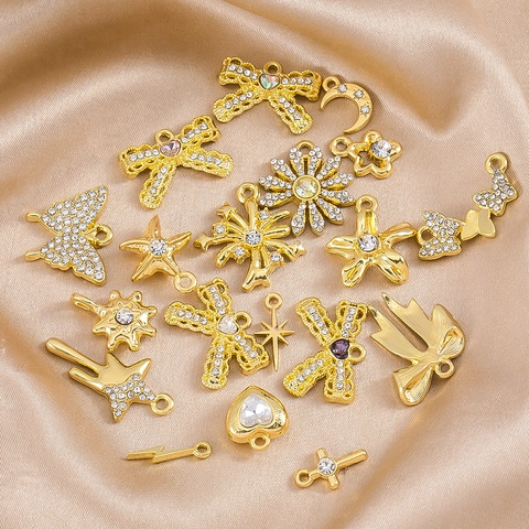 Alloy Rhinestone Butterfly Bowknot Heart Star Moon Cross Pendants Collection DIY Jewelry Making Accessories Charms Gold