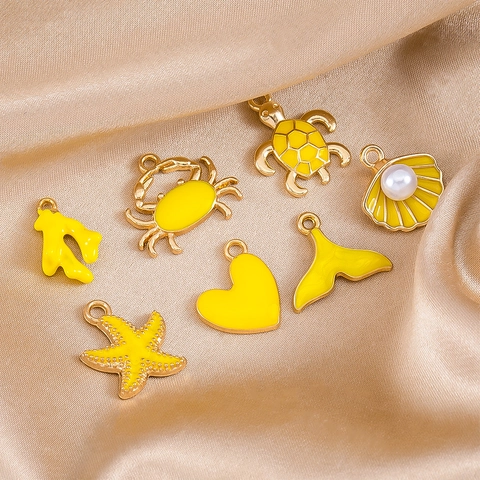 Yellow Alloy Enamel Marine Starfish Sea Turtle Mermaid Tail Crab Shell Heart Fish Bone Charms For DIY Jewelry Making Women