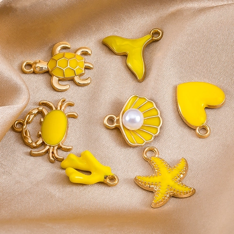 Yellow Alloy Enamel Marine Starfish Sea Turtle Mermaid Tail Crab Shell Heart Fish Bone Charms For DIY Jewelry Making Women