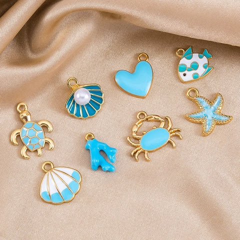 Blue Cartoon Enamel Alloy Marine Theme Pendants For DIY Jewelry Making Sea Turtle Shell Starfish Crab Charms For Women