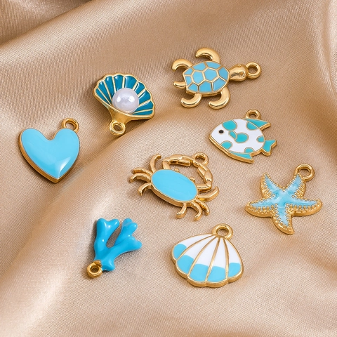 Blue Cartoon Enamel Alloy Marine Theme Pendants For DIY Jewelry Making Sea Turtle Shell Starfish Crab Charms For Women