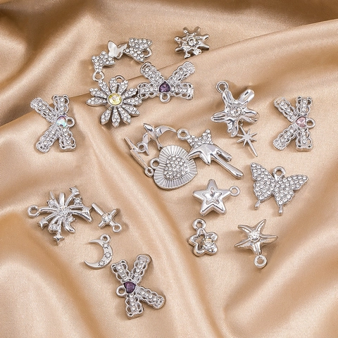 Vintage Silver Tone Alloy Rhinestone Pendants For DIY Jewelry Making Heart Star Moon Bow Design Handcrafted Accessory