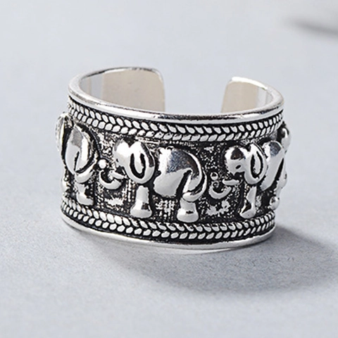 Vintage Copper Elephant Relief Open Ring For Women Ethnic Bohemian Distressed Adjustable Band Thai Silver Style Ring Jewelry