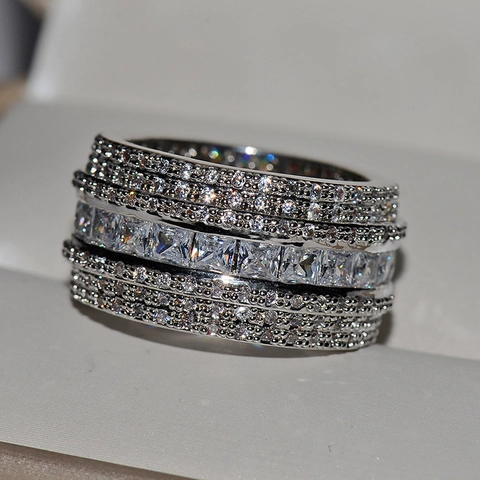 Luxury Copper Ring For Women Silver Color Cubic Zirconia Square Princess Cut Multi Row Pave Eternity Wedding Band Jewelry