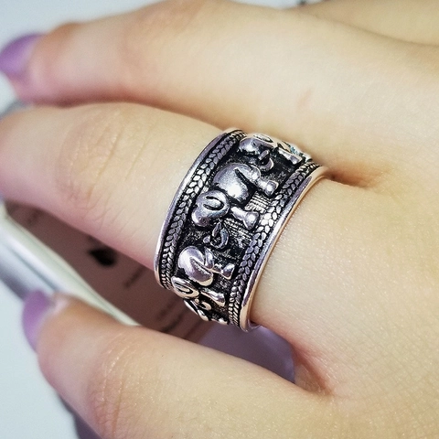 Vintage Copper Elephant Relief Open Ring For Women Ethnic Bohemian Distressed Adjustable Band Thai Silver Style Ring Jewelry