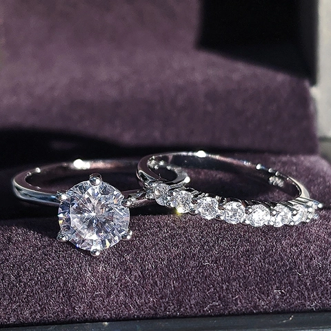 Western Fashion Engagement Wedding Ring Combination Elegant Round Rhinestone Copper Ring For Women Full Diamond Bright Finger Jewelry Gift