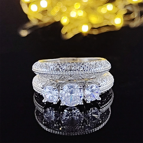 925 Sterling Silver Stackable Rings Rhinestone Round Cut Combo Rings For Wedding Banquet Women Luxurious Jewelry Accessory