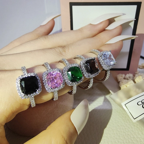 Luxurious 925 Sterling Silver Square Cushion Cut Rhinestone Ring For Women Elegant Halo Fashion Jewelry For Wedding Engagement Party
