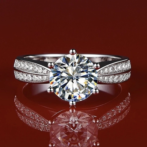 Classic 925 Sterling Silver Six-Claw Engagement Ring For Women Round White Rhinestone Pave Wedding Jewelry Gift