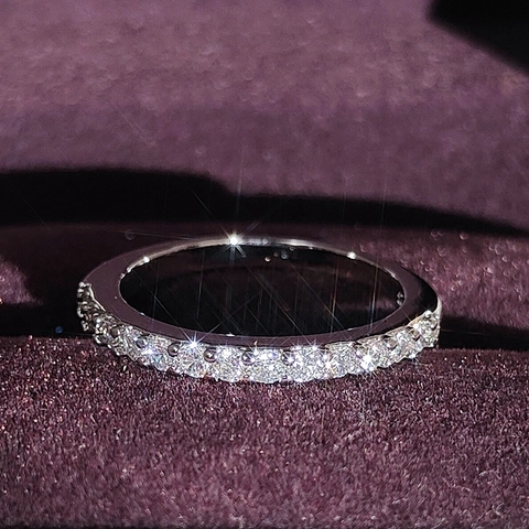 Elegant Silver Plated Copper Rhinestone Eternity Ring For Women Half Row Clear Stone Stackable Band Ring Fashion Jewelry Gift