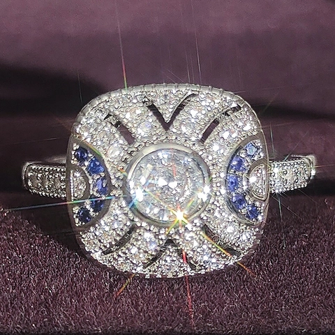 Vintage 925 Sterling Silver Art Deco Ring For Women With Blue Stone And Rhinestone Geometric Hollow Out Jewelry Finger Ring