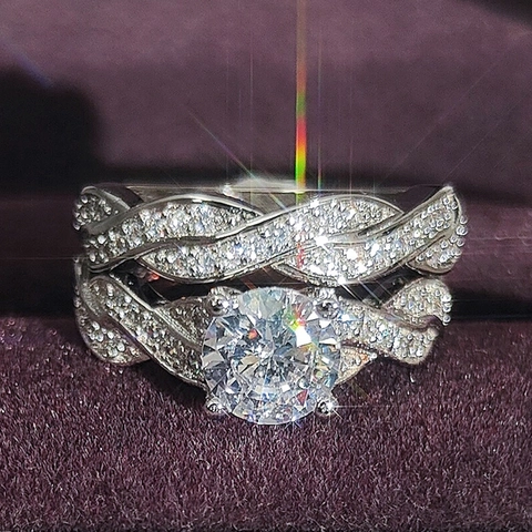 Women Fashion Copper Twisted Band Combination Rings Round Cubic Zirconia Engagement Wedding Bridal Jewelry Pink White
