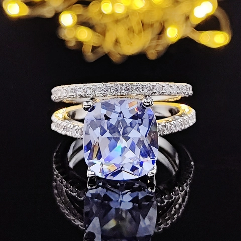 Lujoso Juego de Anillos de Compromiso de Zirconia Corte Cojín Bañado en Plata de Ley S925 Anillos Combinados para Joyería de Boda Mujer