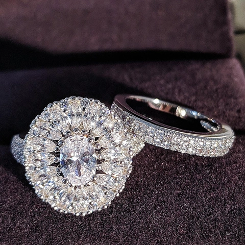 Luxury 925 Sterling Silver Oval Zirconia Ring Set For Women Wedding Engagement Halo Cluster Flower Design Finger Ring Jewelry