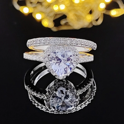 Ensemble de Bagues Romantiques en Cuivre en Forme de Cœur avec Strass pour Femmes Cadeau de Saint-Valentin Bijoux de Mariage