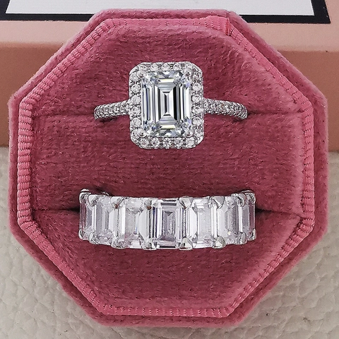 Exquisito Juego de Anillos de Diamantes de Imitación de Corte Esmeralda para Mujer Cobre Apilable Halo Compromiso Banda de la Eternidad Boda Joyas de Fiesta