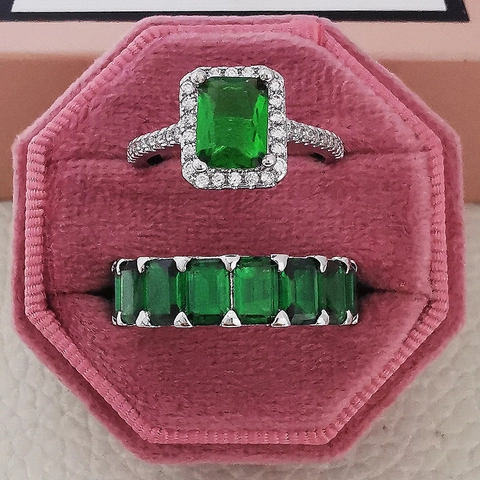 Exquisito Juego de Anillos de Diamantes de Imitación de Corte Esmeralda para Mujer Cobre Apilable Halo Compromiso Banda de la Eternidad Boda Joyas de Fiesta
