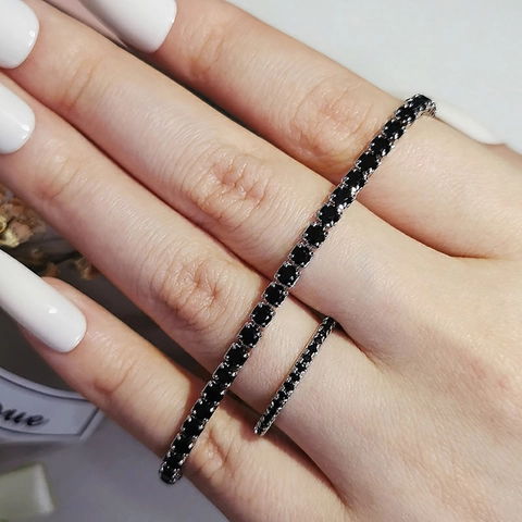 Fashion Copper Jewelry Set For Women Black Rhinestone Tennis Bracelet And Round Ring Elegant Silver Plated Jewelry Gift