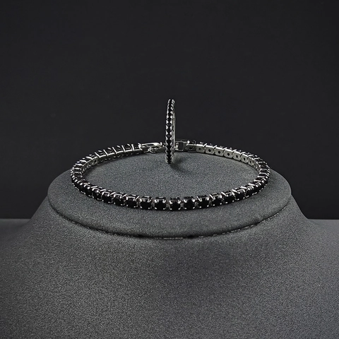 Fashion Copper Jewelry Set For Women Black Rhinestone Tennis Bracelet And Round Ring Elegant Silver Plated Jewelry Gift