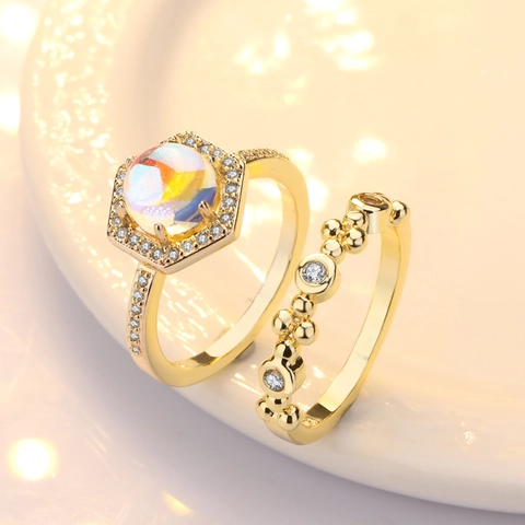 Vintage Goud Verguld Tweedelige Maansteen Ring Set Voor Vrouwen Zeshoekige Halo Ronde Strass Stapelbare Verloving Bruids Vinger Sieraden