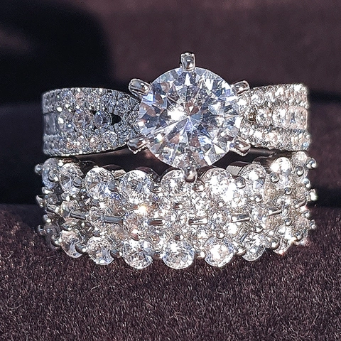 Conjunto Anillos Doble Capa Cobre Circonita Lujo Seis Garras Solitario Redondo Boda Compromiso Mujer Joyería Plata Regalo