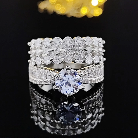 Conjunto Anillos Doble Capa Cobre Circonita Lujo Seis Garras Solitario Redondo Boda Compromiso Mujer Joyería Plata Regalo