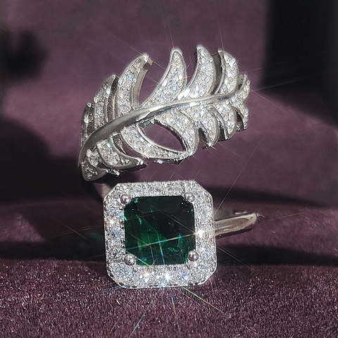 Anello in Rame Regolabile Aperto Foglia Piuma Vintage Zirconia Cubica Quadrata Pietra Verde Taglio Smeraldo Gioielli Donna