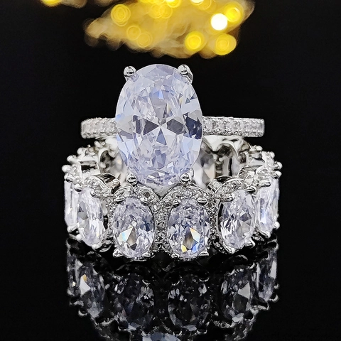 Elegante Juego De Anillos De Zirconia De Corte Ovalado Para Mujer Anillo De Compromiso De Cobre Chapado En Plata Oro Rosa