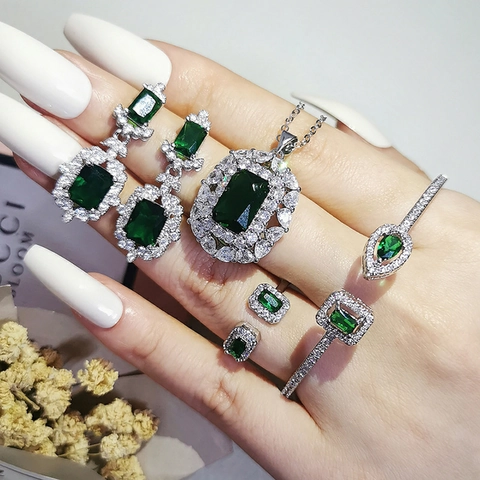 Vintage Luxurious Copper Jewelry Collection For Women Green Emerald Cut Rhinestone Pendant Necklace Stud Earrings Adjustable Open Ring Bracelet Party Wedding Accessory