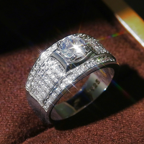 Luxus Herren Kupfer Strass Ring Breit Geometrisch Distressed Business Mode Ring Funkelnd Rund Stein Schmuck Für Herren